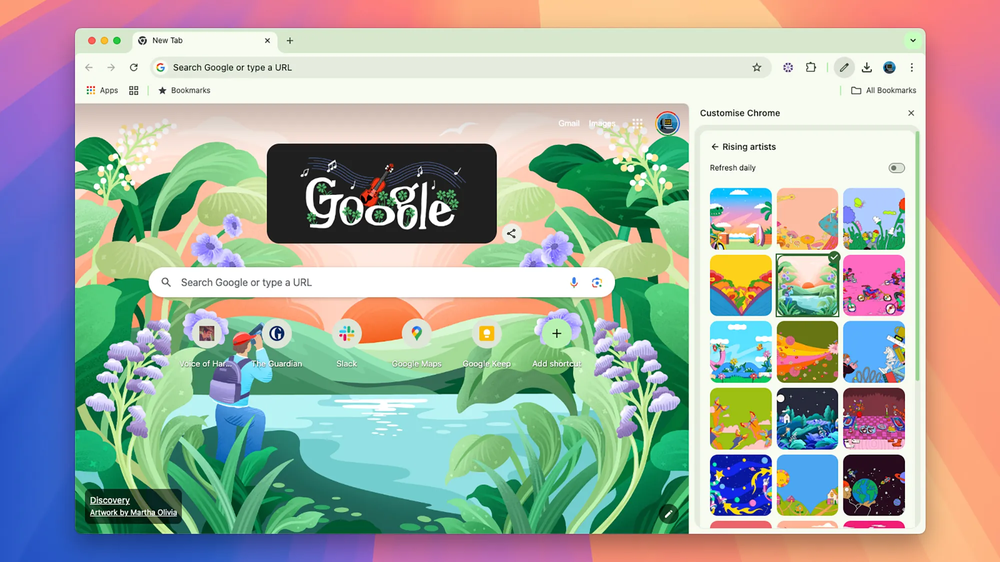 Chrome New Tab with an illustrated background and the Customize Chrome panel open on a grid of artist themes