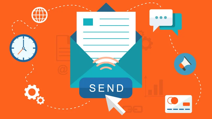 Illustrated email with a Send button, surrounded by clock, chat, megaphone and settings icons