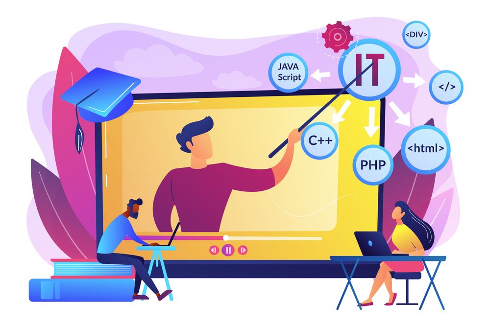 Online instructor on a laptop screen points to JavaScript, C++, PHP and HTML as two students follow along