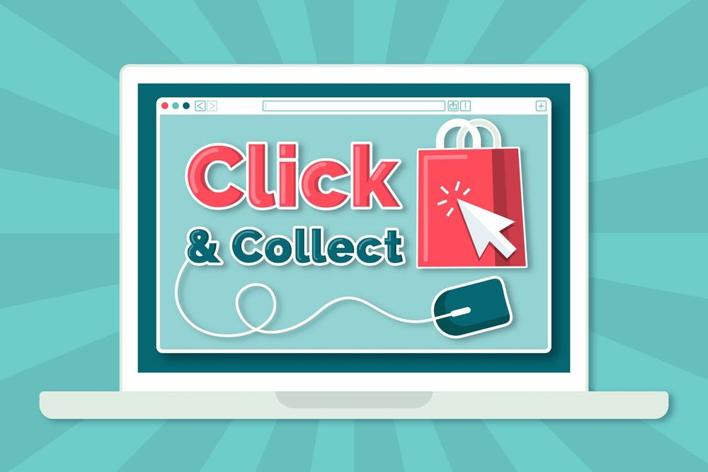 Laptop screen reading Click & Collect, with a cursor clicking a red shopping bag and a mouse below