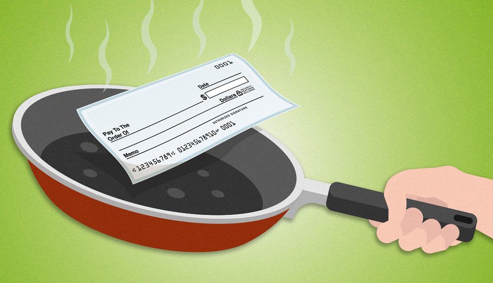 Cartoon hand holding a frying pan with a blank check sizzling in it
