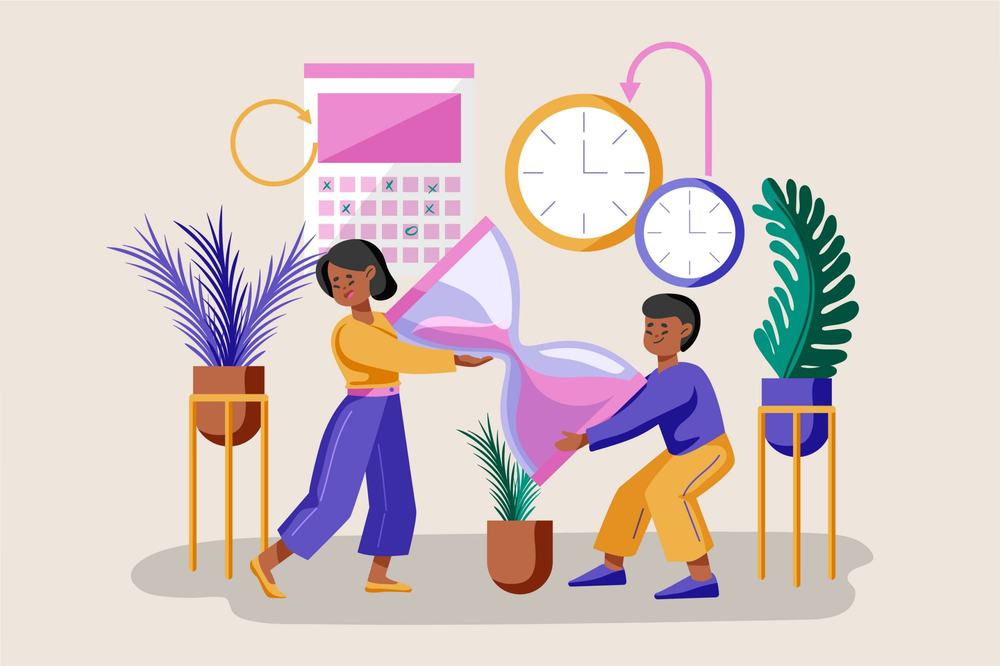 Two people carry a giant hourglass between them, with a calendar, clocks and potted plants behind them