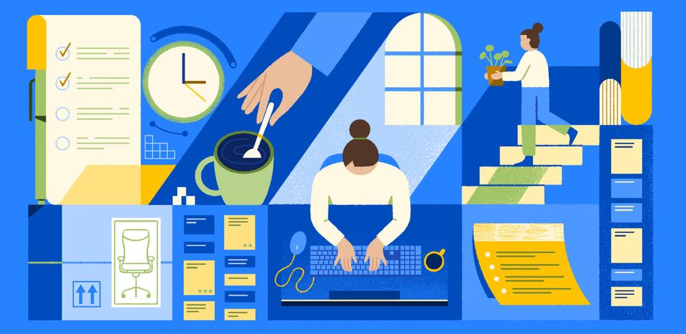 Woman typing at a desk among a clock, coffee cup, checklist and sticky notes, as a colleague carries a plant upstairs
