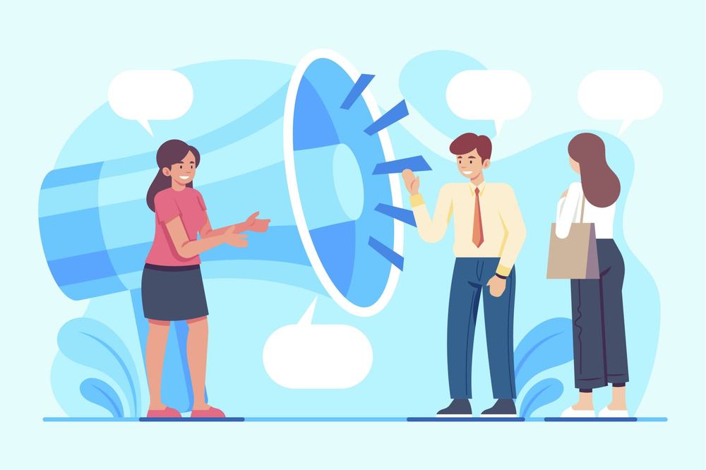 Illustration of coworkers talking in front of a giant megaphone and empty speech bubbles