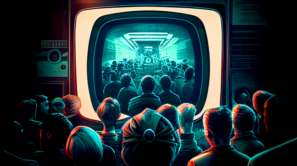 Crowd seen from behind watching a giant glowing retro TV that shows another crowd watching a screen