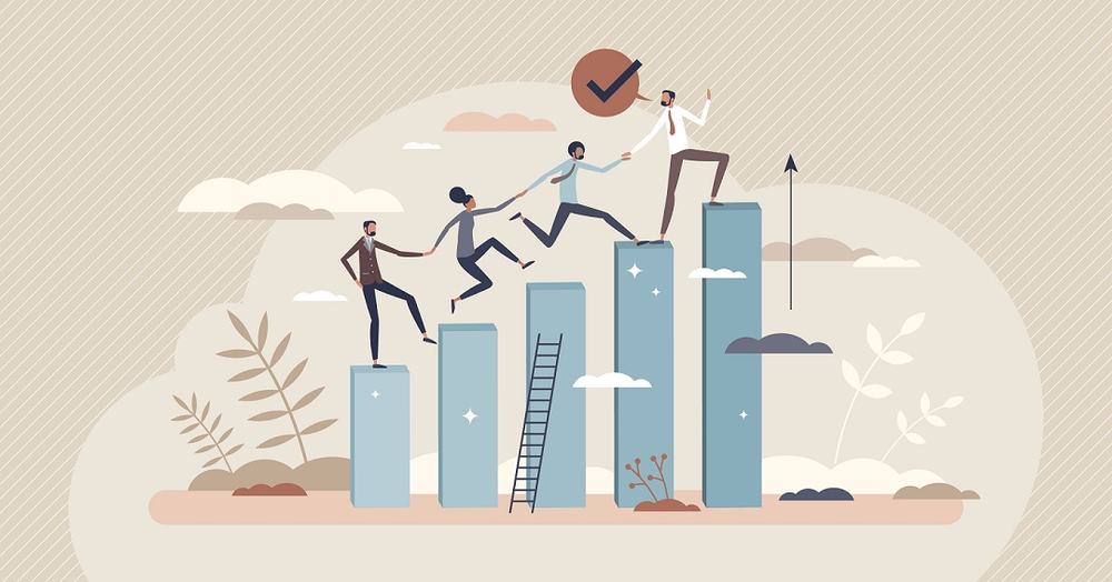Illustration of colleagues helping each other climb rising bar-chart columns toward a check mark