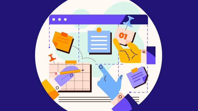 Hands arrange sticky notes, a calendar and pinned cards on a browser-window board to plan and track tasks