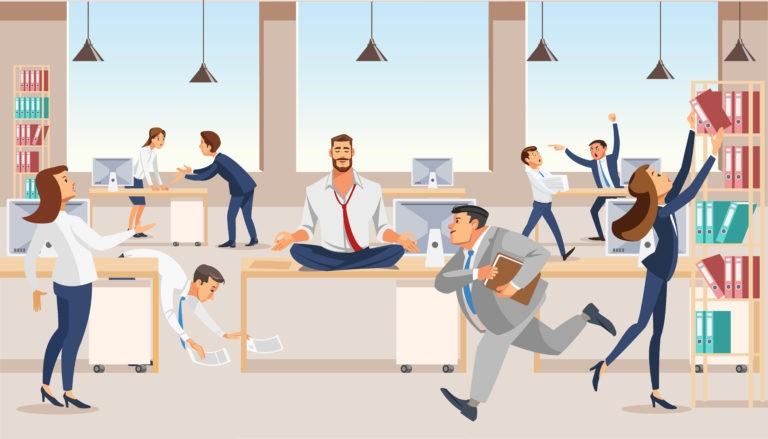 Illustration of a calm man meditating cross-legged on his desk while coworkers rush around a hectic office