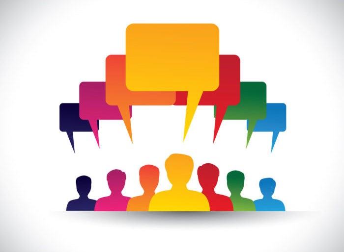 Colorful silhouettes of a group of people beneath overlapping speech bubbles