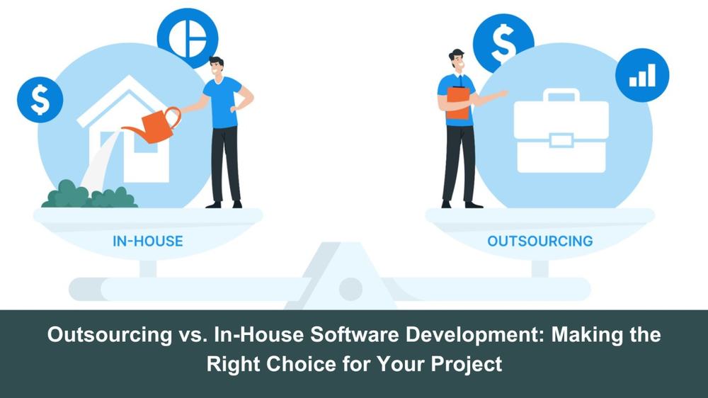 Balance scale weighing in-house work against outsourcing, on a banner about outsourcing vs. in-house software development