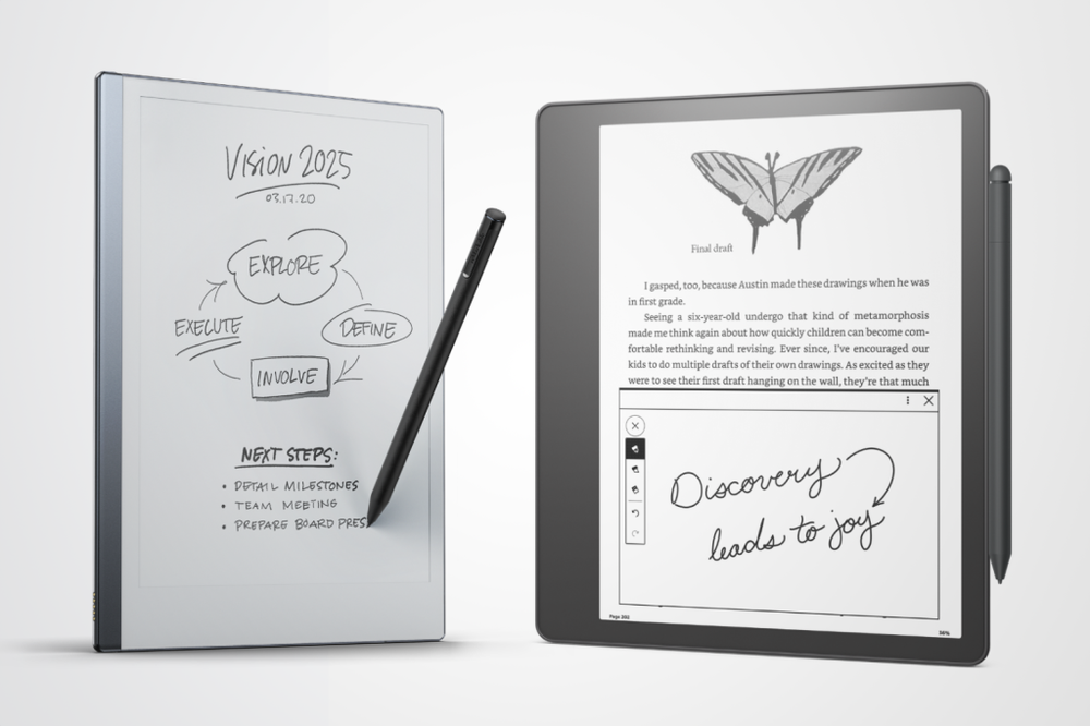 Two e-ink tablets with styluses, one showing a handwritten mind map, the other a book page with a handwritten note