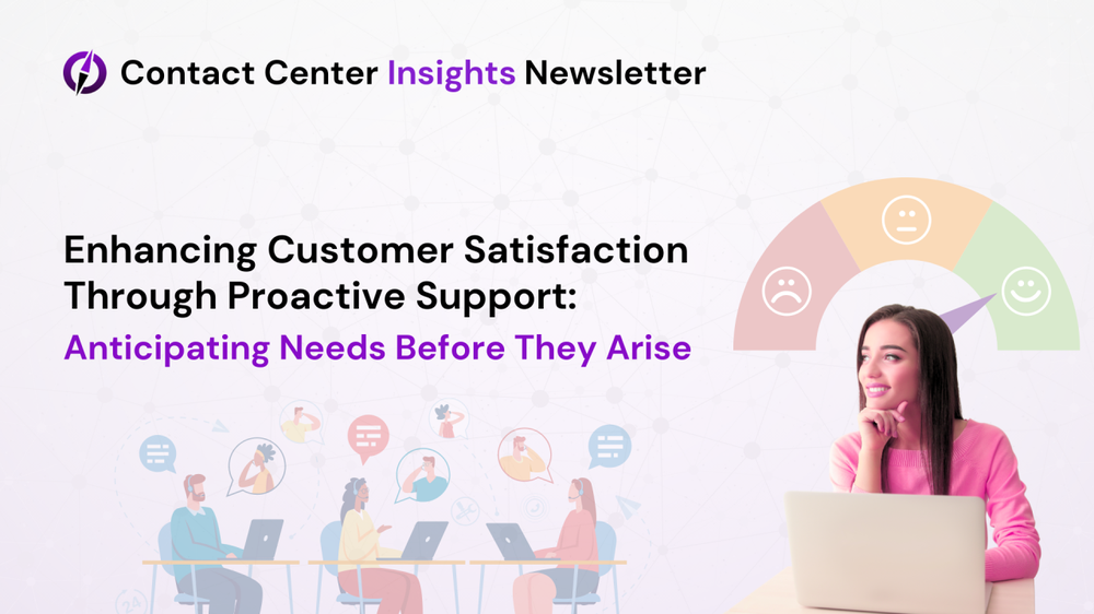 Banner on proactive customer support, with a satisfaction gauge pointing to a smile and support agents at laptops