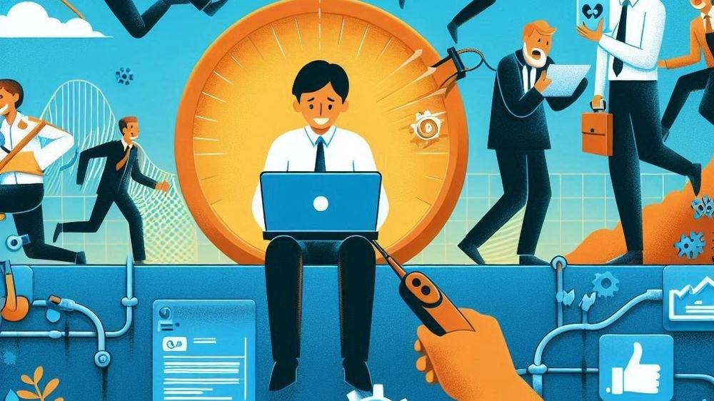 Illustration of a smiling employee at a laptop before a giant gauge, a hand aiming a remote at him as coworkers rush off