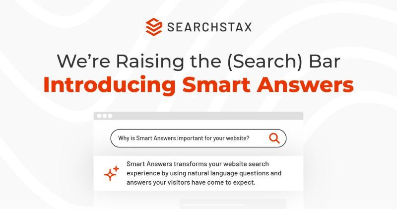 SearchStax banner introducing Smart Answers, with a search box answering a natural-language question