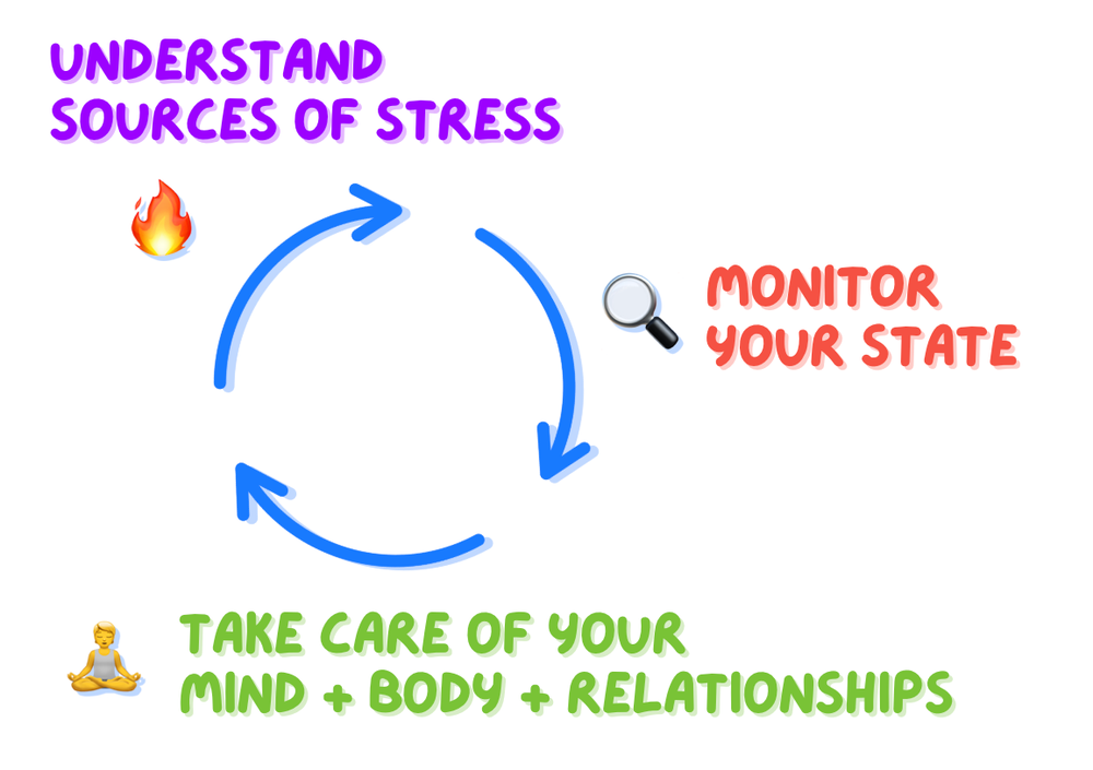 Cycle of three steps: understand sources of stress, monitor your state, and take care of your mind, body and relationships