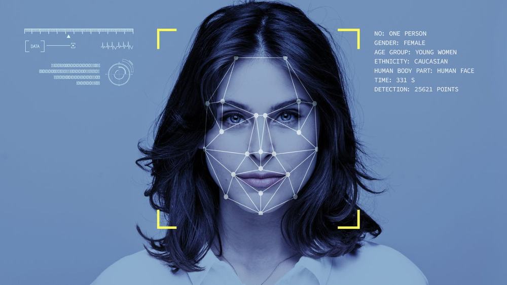 Woman's face mapped with a facial recognition mesh, framed by detection readouts such as 25,621 points