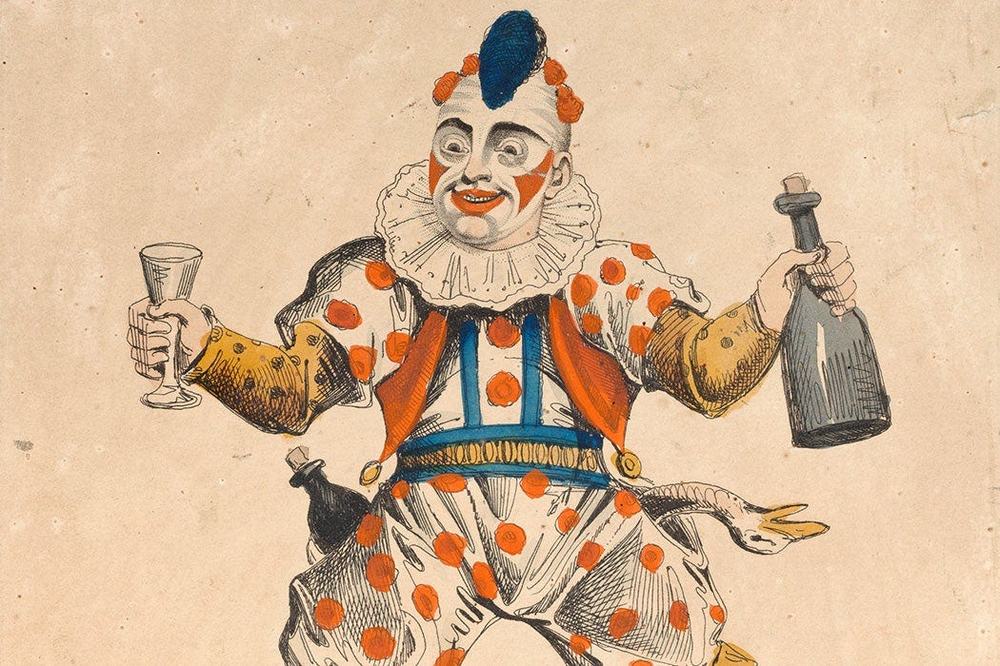 Hand-colored print of a grinning clown in a polka-dot costume holding a wine glass and a bottle