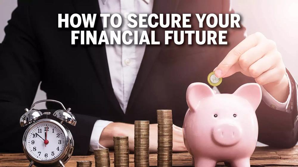 Hand drops a coin into a piggy bank beside rising coin stacks and an alarm clock, titled How to Secure Your Financial Future