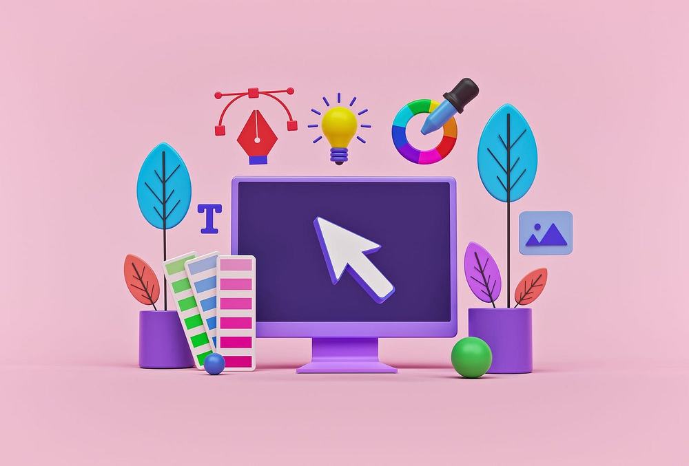 3D design icons around a monitor with a cursor: pen tool, light bulb, color wheel with eyedropper, swatches and plants