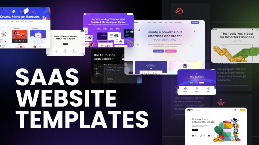 Collage of SaaS website template previews beside the words SaaS Website Templates