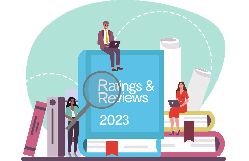Illustrated people with laptops and a magnifying glass around a large book titled Ratings & Reviews 2023