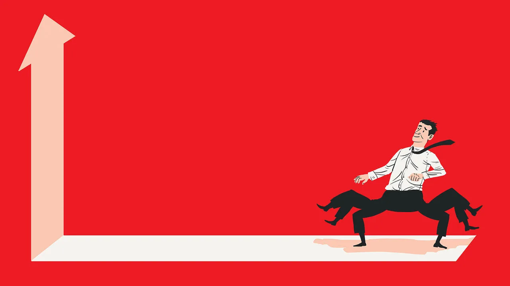 Cartoon businessman scuttling on several pairs of legs at the foot of a tall upward arrow on red
