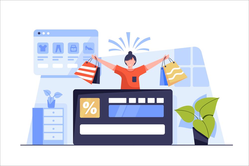 Smiling shopper holds up shopping bags behind a large discount card, with an online store page behind her
