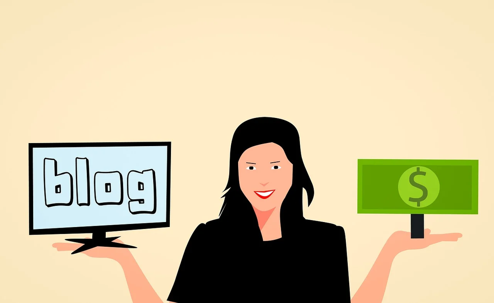 Cartoon woman balancing a monitor reading blog in one hand and a dollar bill in the other