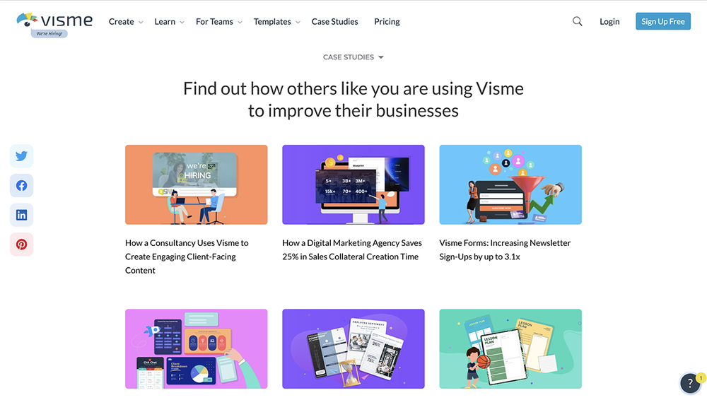 Visme case studies web page with cards on how businesses use Visme, such as saving time on sales collateral