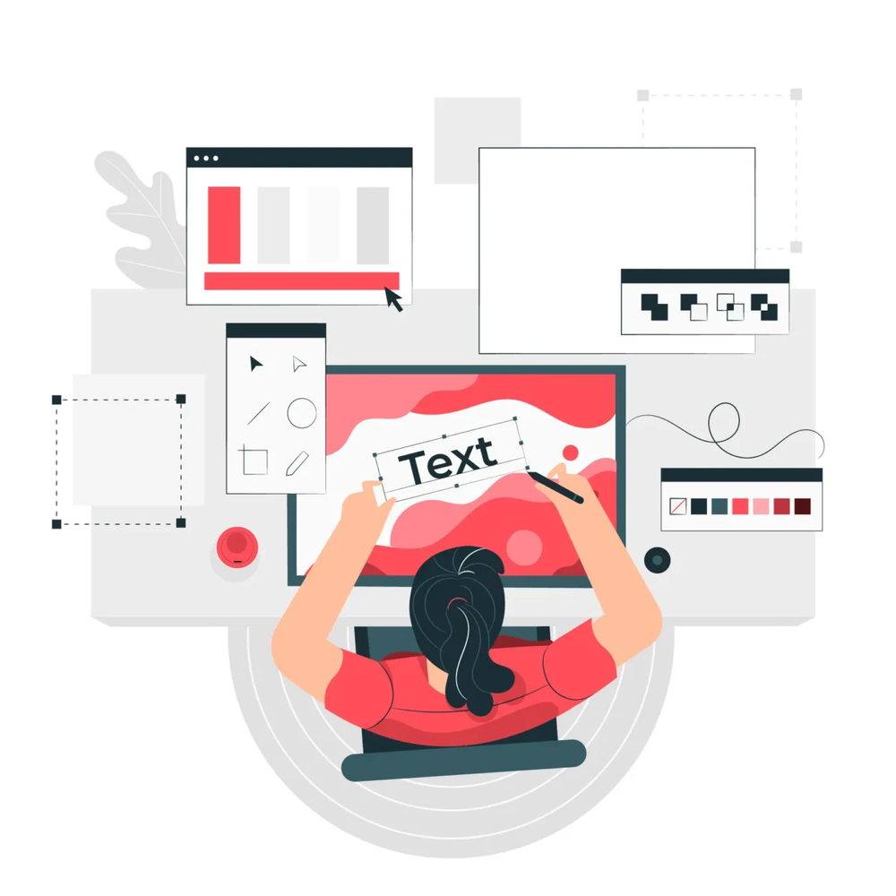 Designer at a monitor editing a text box in a graphic layout, ringed by tool, template and color-swatch panels