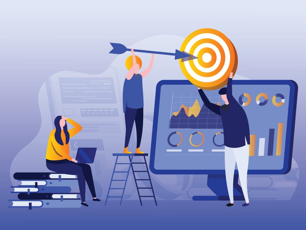 Team aiming an arrow at a bullseye in front of a monitor full of charts, one person on a ladder