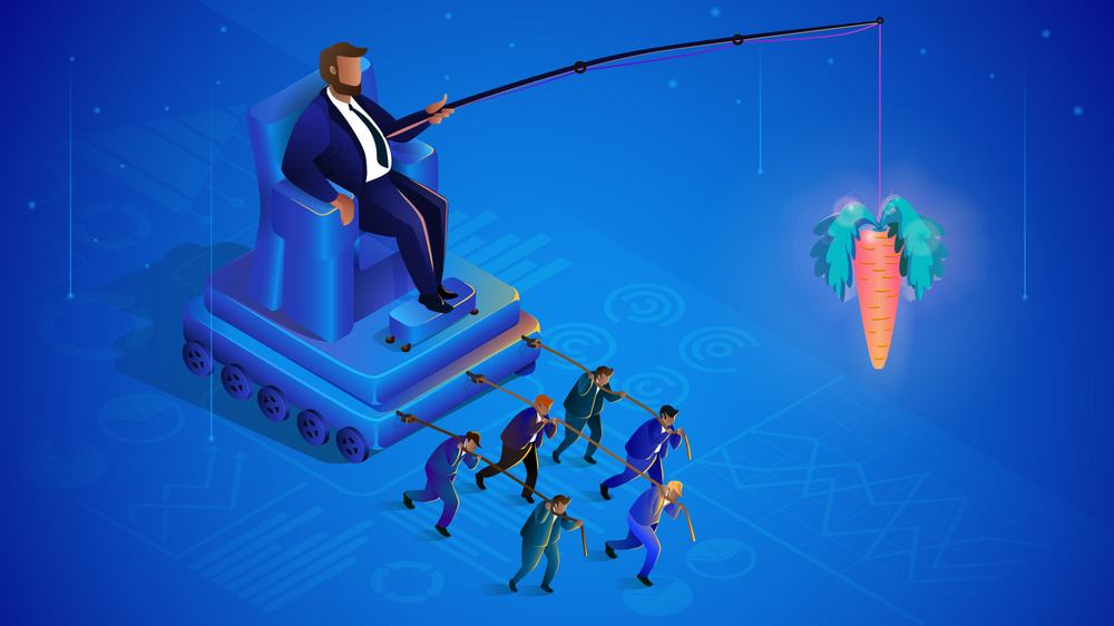 Executive on a throne dangles a carrot on a fishing rod ahead of the workers hauling his platform