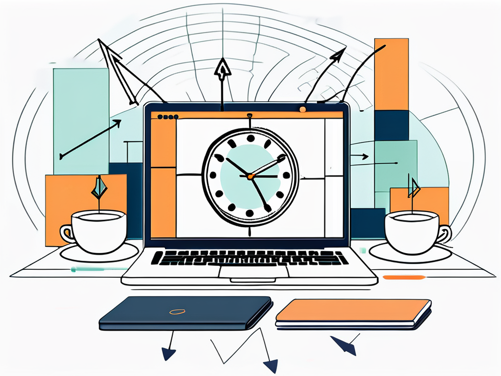 Line drawing of a laptop showing a clock between two coffee cups, with charts and arrows behind it