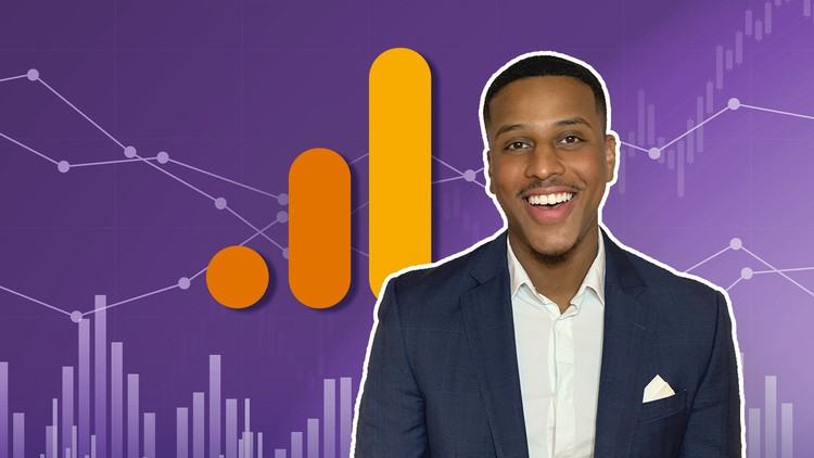 Smiling man in a suit beside the Google Analytics logo on a purple chart background