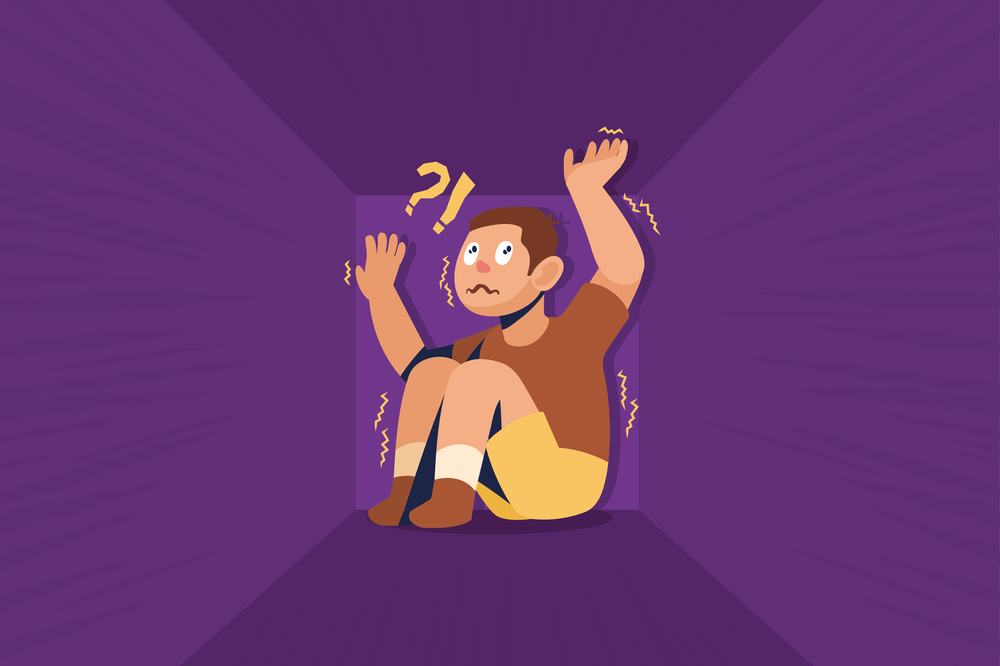 Cartoon man crouched inside a cramped purple box, hands pressed against the walls, looking anxious and confused