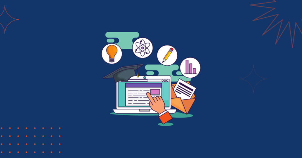 Illustration of a laptop under a graduation cap, surrounded by light bulb, atom, pencil and chart icons