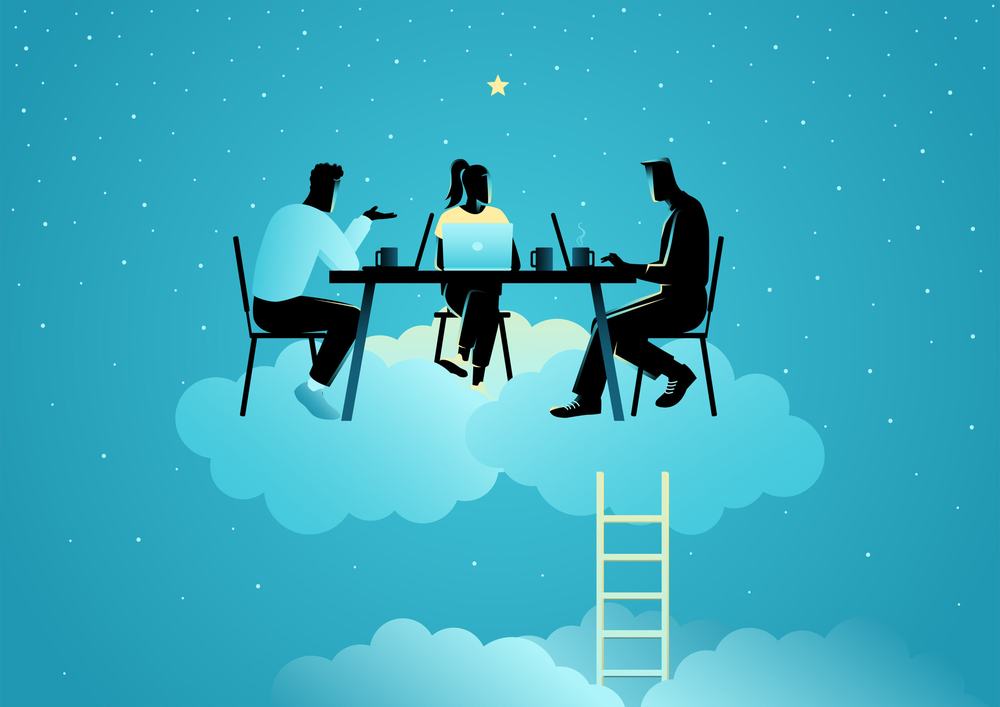 Silhouetted coworkers with laptops and coffee at a desk set on a cloud, a ladder leading up to them under a starry sky