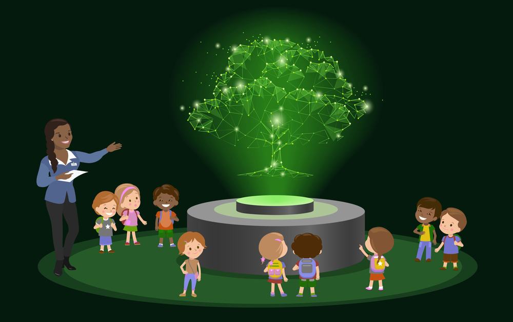 Illustration of a guide showing schoolchildren a glowing green hologram of a tree in a museum