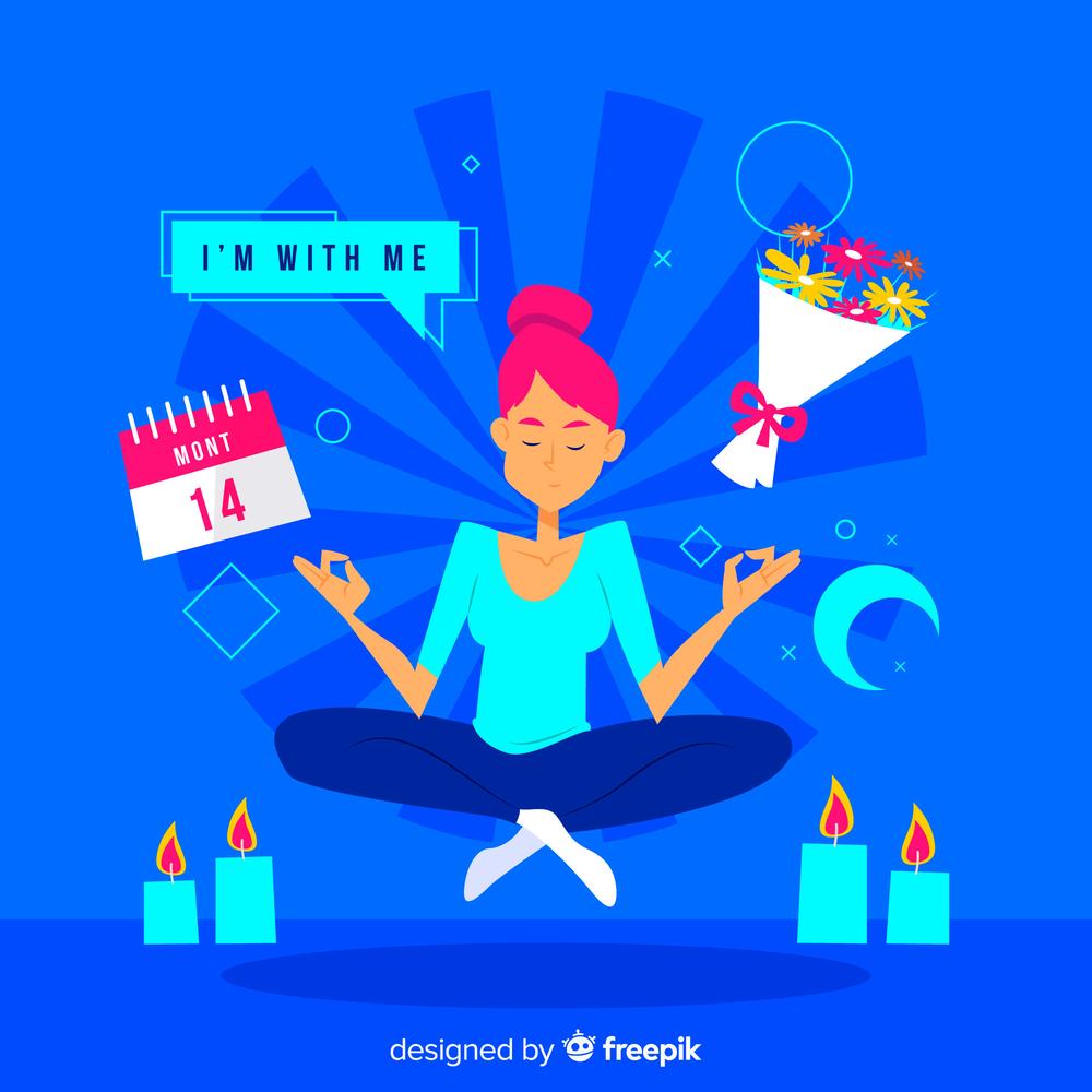 Illustration of a woman meditating cross-legged among candles, flowers and a calendar, saying I'm with me