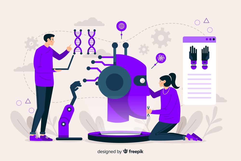 Two engineers build a robot head, with DNA strands, a robotic arm and a screen of prosthetic hands around them