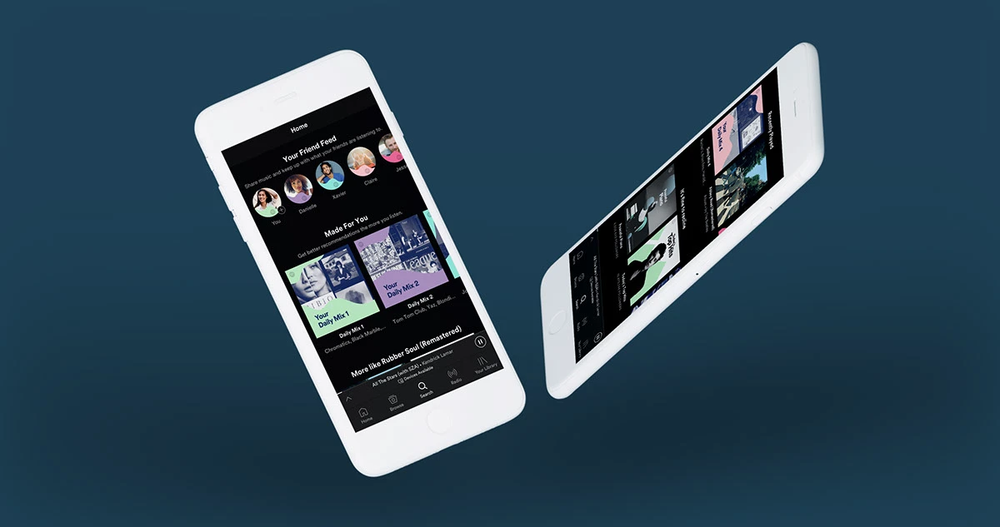 Two phones showing a Spotify home screen design with a friend feed and Daily Mix playlists made for you