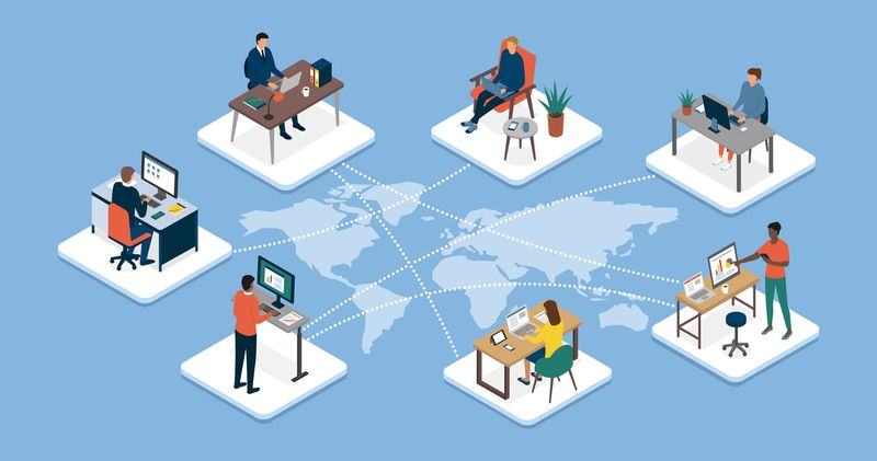 Illustration of remote workers at desks in different countries, linked by dotted lines across a world map