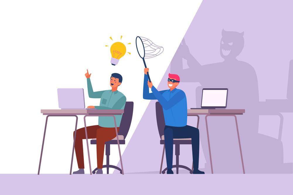 Masked thief with a net tries to catch the light-bulb idea of a coworker at the next desk, a devil's shadow behind him