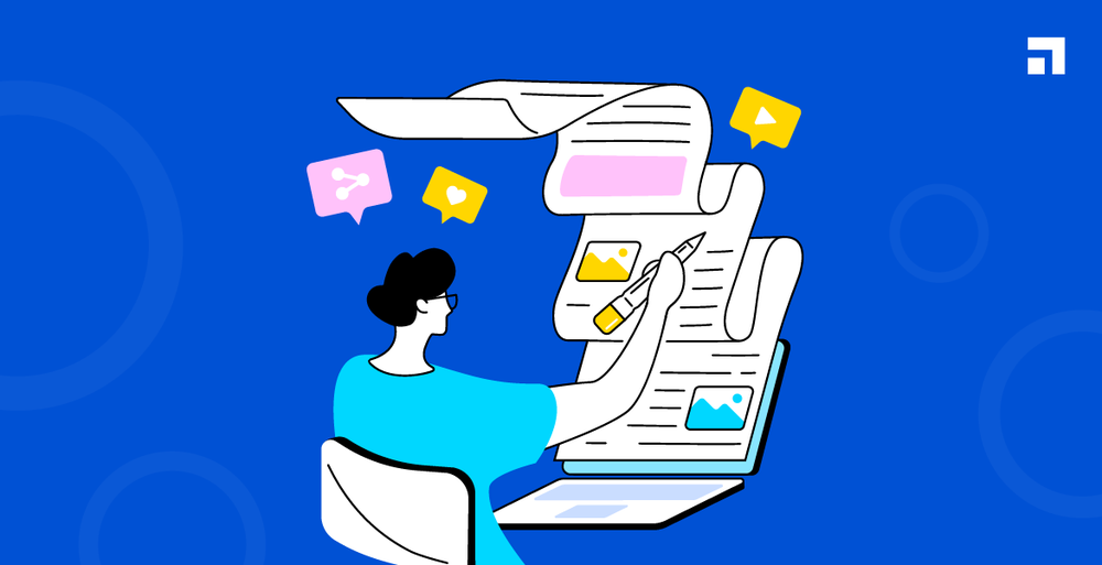 Person with a pen editing a long scroll of article drafts at a laptop, with share, like and video icons