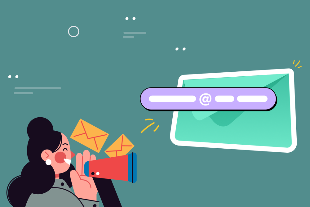 Illustrated woman with a megaphone sending envelopes toward a large email with an address field
