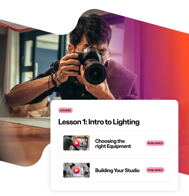 Online course card, Lesson 1: Intro to Lighting, with two published video lessons, over a photographer aiming a camera
