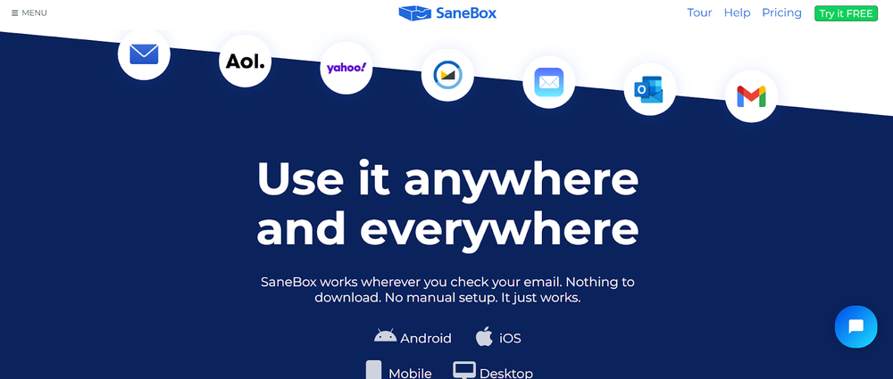 SaneBox web page reading Use it anywhere and everywhere, with AOL, Yahoo, Outlook, Gmail and other mail icons