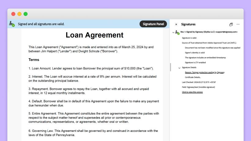 Signed loan agreement open in a PDF viewer, with a panel confirming all signatures are valid