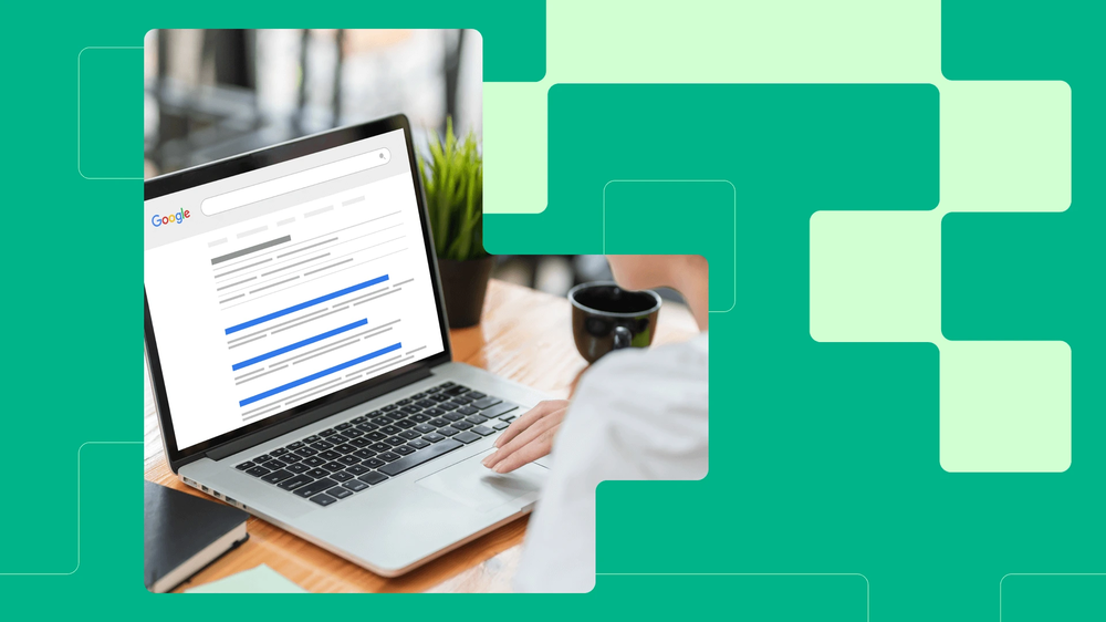 Person at a laptop viewing a Google search results page, framed by green blocks