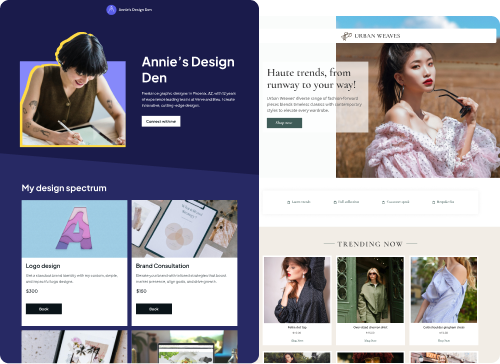 Two sample website templates: the Annie's Design Den designer portfolio and the Urban Weaves fashion store